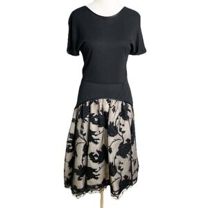 1980s Vintage Geoffrey Beene Black A Line Embroidered Appliqué Midi Dress Small‎